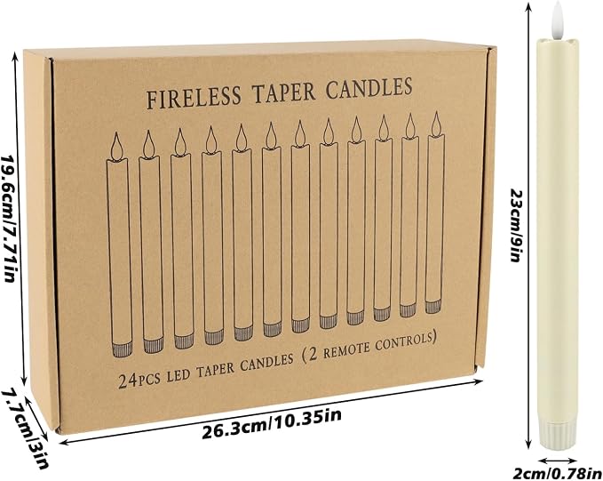 YOROXRG 24 Pack LED Flameless Taper Candles with Timer, Dripless Fake Candlesticks with 3D Flickering Flame, 9.6 Inches White Window Candle for Fireplace Christmas Halloween(Ivory)