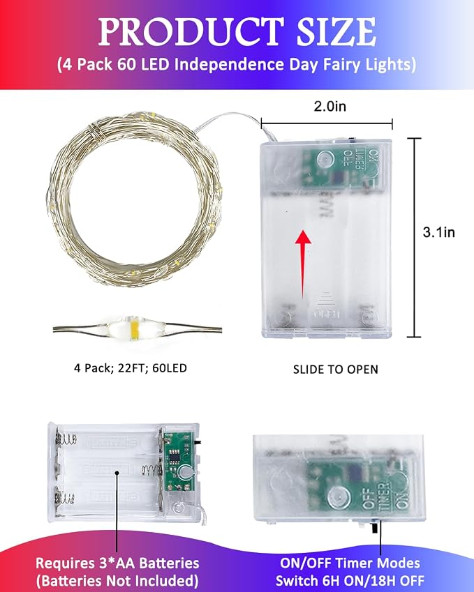 4 Pack 20 FT 60 LED Red White and Blue Battery Operated Fairy Lights Timer | 4th of July Battery String Lights Waterproof Outdoor Indoor, Cuttable Copper Wire, Independence Day Memorial Day Decorations
