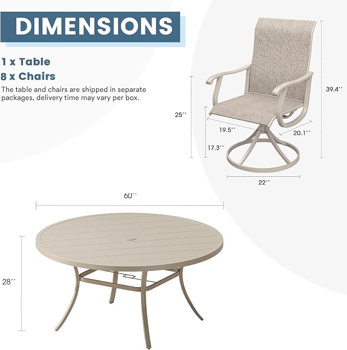 DIFY Outdoor Dining Set for 8, 9 Piece Patio Table and Chairs Set, Swivel Patio Dining Chairs with Textilene Fabric & 60" Round Metal Dining Table with Umbrella Hole, for Garden Backyard, Sandshell