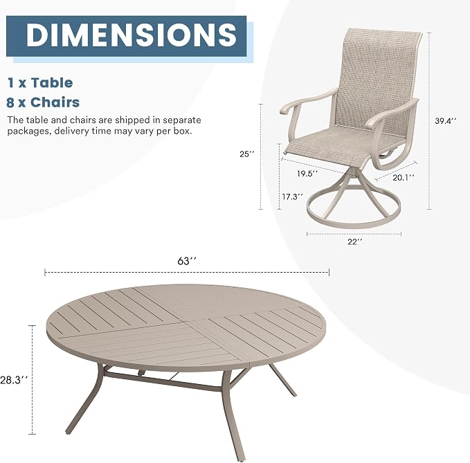 DIFY Patio Table and Chairs Set for 8, 9 Piece Outdoor Dining Set Includes 63" Round Metal Dining Table with Umbrella Hole and 8 Textilene Swivel Patio Chairs, for Garden Backyard Deck, Sandshell