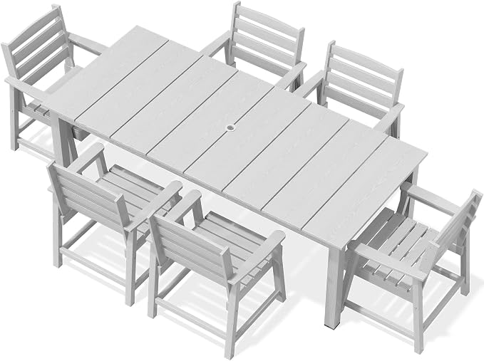 AreShark 7-Piece Outdoor Dining Set,HDPE Patio Table with 6 Chairs,All-Weather Patio Furniture Set with Umbrella Hole,Low Maintenance Wood Grain Dining Set for Backyard,Garden,Poolside,White
