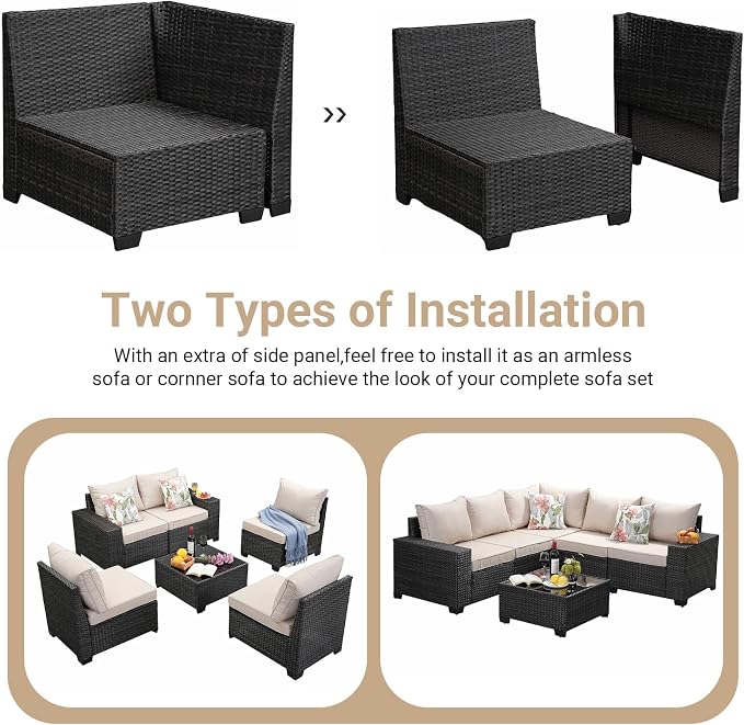 Jing's Villa 8-Piece Patio Furniture Set, All-Weather Outdoor Wicker Sectional Sofa with Cushions, Glass Table & Left and Right Armrest, Rattan Conversation Seating for Porch, Garden, Backyard,Beige