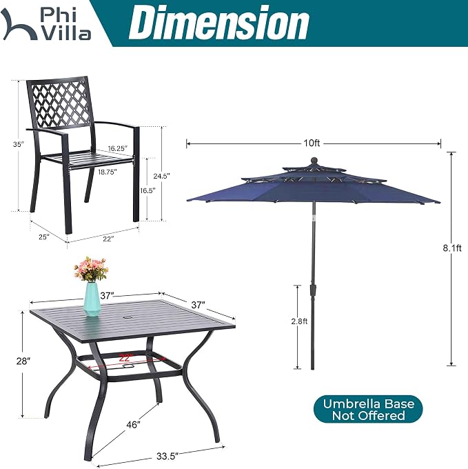 PHI VILLA Outdoor Dining Set for 4 w/Umbrella, Square Metal Table & Chairs | Includes 37" metal table, 4 stack chairs & 10ft umbrella. Rust-resistant. Space-saving. Perfect for patio, deck or yard.