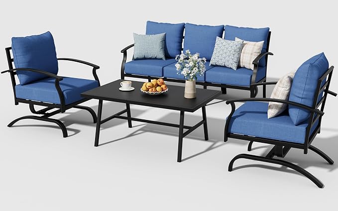 ALAULM 4 Piece Patio Furniture Set,Outdoor Metal Patio Furniture with Coffee Table & Rocking Chairs Conversation Set for Porch,Backyard,Poolside, Garden-DarkBlue
