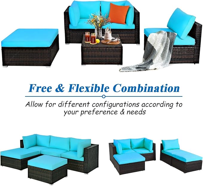 COSTWAY 5-Piece Outdoor Patio Furniture Set, PE Rattan Sectional Conversation Set with Cushions and 2 Ottomans for Garden, Deck, Backyard (Turquoise)