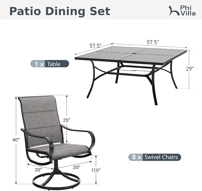 PHI VILLA Outdoor Dining Set for 8 w/Metal Table & Padded Swivel Chairs | High back chairs,All weather reistant, Metal table, 8 person, Umbrella hole, Patio deck backyard