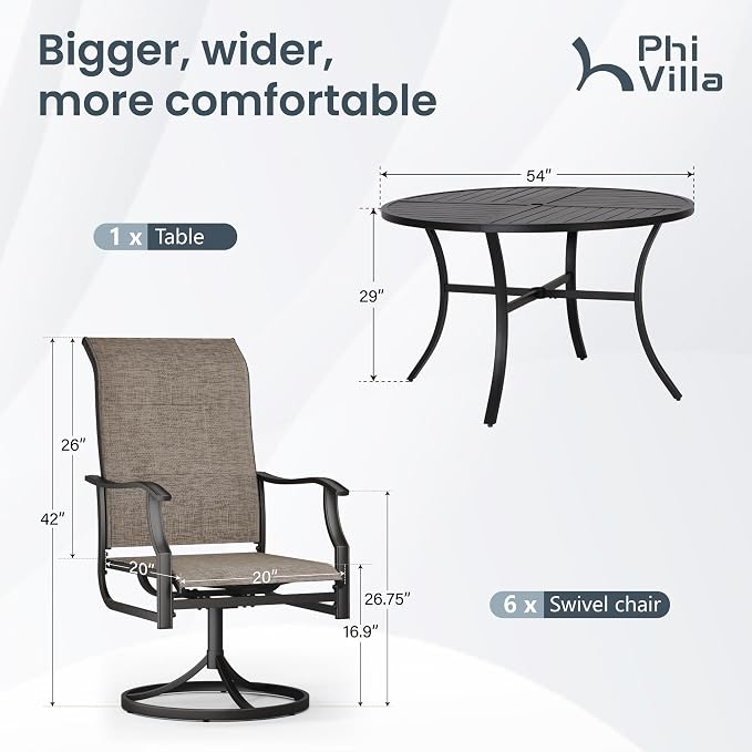 PHI VILLA Outdoor Dining Set for 6 w/Round Metal Table & Swivel Chairs | Padded Textilene, High back & Ergonomic, Umbrella hole, Weather resistant, Heavy-duty, Patio backyard deck, 7 piece