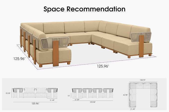 PURPLE LEAF Patio Furniture Set Modular U-Shaped Outdoor Sectional Sofa with 11" Thick Olefin Cushion 10-Piece Outdoor Conversation Set with White Lights for Patio Backyard Garden Poolside, Beige