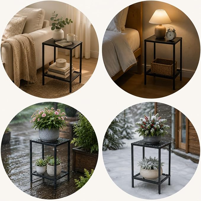 2-Tier Metal Side Table Small Rectangle End Table with Storage Shelf Indoor Outdoor Accent Table Small Space Nightstand Plant Stand for Living Room Bedroom Patio Balcony, Black