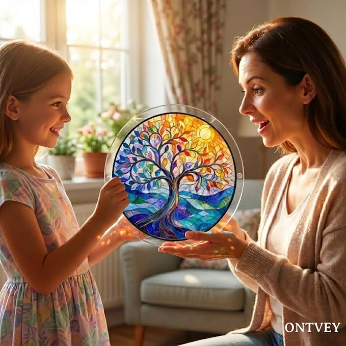Acrylic Jigsaw Puzzle Suncatcher - Vivid Tree Acrylic Puzzle Window Hanging Kit, 83 Irregular Pieces & Hanging Chain - Creative DIY Home Indoor & Garden Decor (7.4 Inch)
