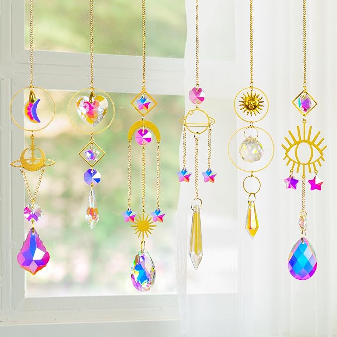 Sun Catchers 6Pieces Colorful Crystals Suncatcher with Chain Pendant Ornaments Hanging Crystals Prism Rainbow for Window Home Indoor Outdoor Car Mirror Garden Christmas Day Party