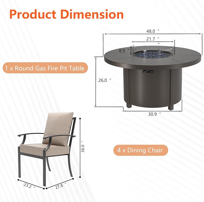5 Pieces Outdoor Patio Furniture Set with 48" 55000 BTU Round Propane Fire Pit Table,Patio Dining Set Outdoor Conversation Sets 4 Chairs for Deck,Backyard and Garden,Brown