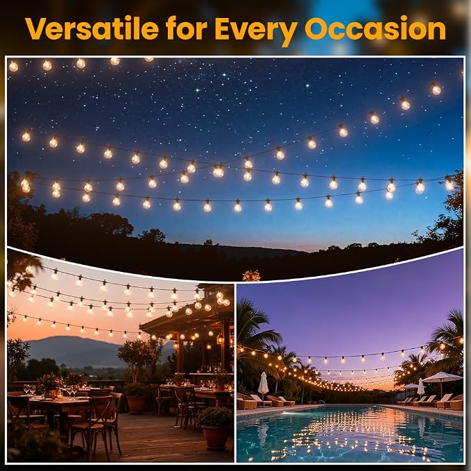 31FT Solar String Lights Outdoor Waterproof IP65 with USB-Charging , Solar Powered LED Patio Lights with 15+1 Shatterproof G40 Globe Bulbs, Hanging Lights for Outside Backyard Garden Bistro Gazebo