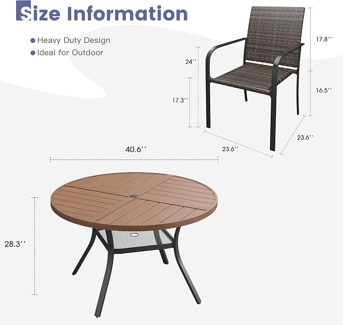 VICLLAX 5 Pieces Outdoor Dining Set, 4 Stakable Wicker Patio Chairs and 40.6" Patio Round Metal Table with Umbrella Hole for Backyard Lawn Garden, Walnut Tabletop