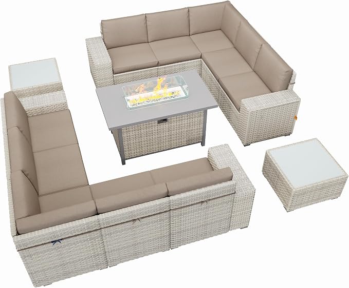13 Piece Patio Furniture Set with 50,000 BTU Rattan Fire Pit Table that Converts to Coffee Table, 9.8" Wide Arm Sectional Sofa with Storage Armrests, Outdoor Rattan Conversation Set, Khaki