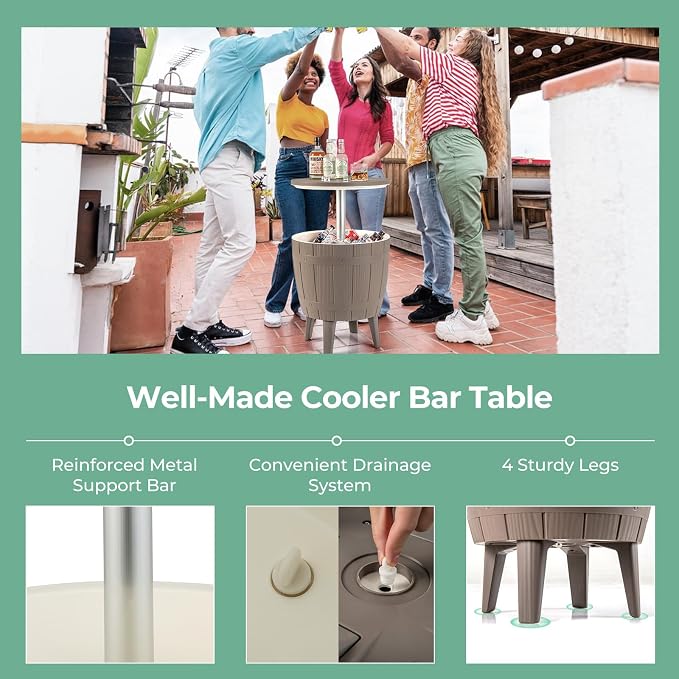 Moccha Outdoor End Table Cooler - 10 Gallon Cooler Side Table with Height Adjustable Tabletop, 3-in-1 Ice Bucket for Beer & Wine Storage, Cocktail Patio Bar Table for Deck Pool Backyard Party (Brown)