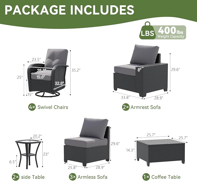 LazySunsets 12 PCS Patio Furniture Set, Outdoor Sectional All-Weather Wicker Conversation Set with Swivel Rocker Chairs, 4'' Thick Cushions for Backyard Poolside(Crey/Black)