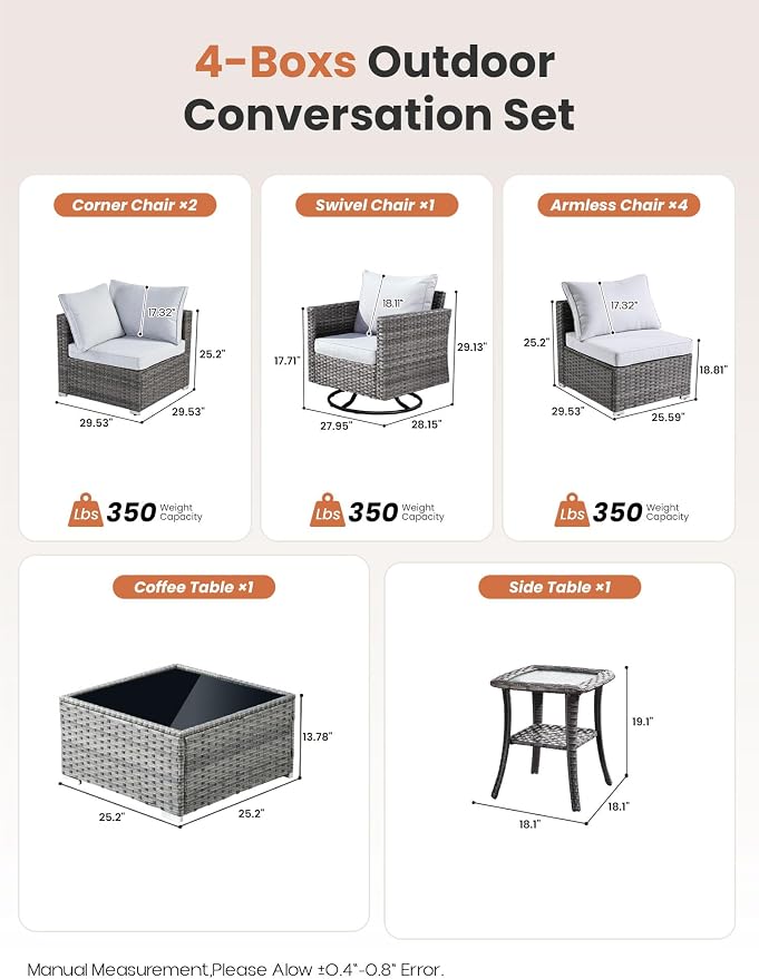 ovios Outdoor 9 Piece Coversation Set with Swivel Rocking Chair,Sectional Patio Furniture Set with All-Weather Wicker Sofa,Modern Outside Couch for Balcony Backyard Pool, Grey