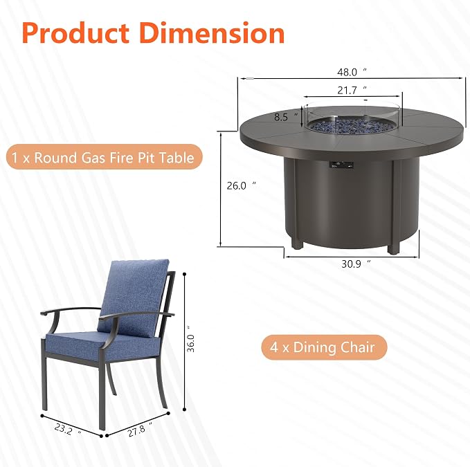 5 Pieces Outdoor Patio Furniture Set with 48" 55000 BTU Round Propane Fire Pit Table,Patio Dining Set Outdoor Conversation Sets 4 Chairs for Deck,Backyard and Garden,Dark Blue