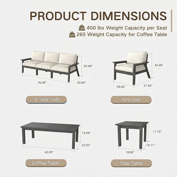 Kingdura HDPE Patio Furniture Set, 7 Piece Outdoor Sectional Sofa with Coffee Table & Side Table, All Weather Outdoor Couch Conversation Set with Washable Cushions for Backyard Poolside Balcony