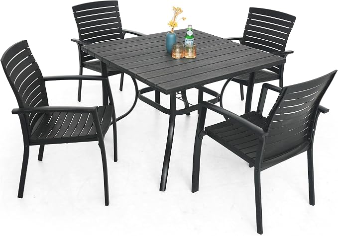Anmutig Outdoor Dining Table with 1.6" Umbrella Hole, 37" Square Plastic Patio Table with Metal Steel Frame for Picnic, Garden, Poolside, Backyard, Brown