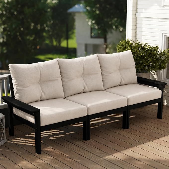 HDPE Patio Sofa Set, 3-Piece Sectional Outdoor Patio Furniture Set, All Weather Outdoor Couch Set with Beige Washable Thick Cushions for Lawn, Garden, Deck, Balcony, Porch (Black Frame)