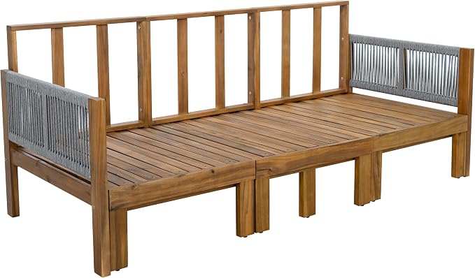JIVOIT Outdoor Patio Daybed with Rope-Woven Armrests, Convertible Outdoor Sleeper Sofa with Acacia Wood Frame, 3 Seat Patio Sunbed for Backyard, Pool (Gray/85)
