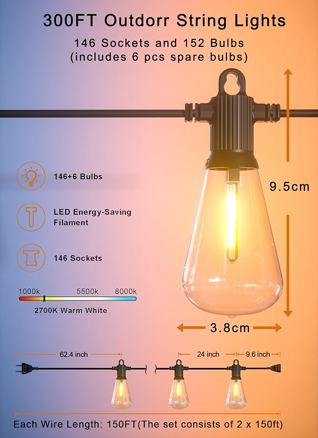 Zuske Outdoor String Lights Waterproof, 300FT Patio Lights with 146 Shatterproof ST38 Globe Bulbs(6 Spare), Connectable Dimmable LED Hanging String Lights for Outside Backyard Porch Balcony(150FT x 2)
