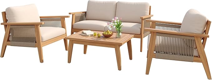 VilroCaz Outdoor 4-Piece Acacia Wood and Rope Sectional Patio Sofa Set, All-Weather Conversation Set with Coffee Table and Water-Repellent Cushions for Garden Backyard Balcony