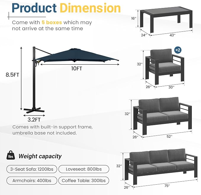 Wisteria Lane 5 Pieces Aluminum Patio Furniture Set with Umbrella, All Weather Oversized Outdoor Furniture Set with Deep Seat and Back Cushion, Patio Conversation Sets with Wide armrest, Gray & Navy