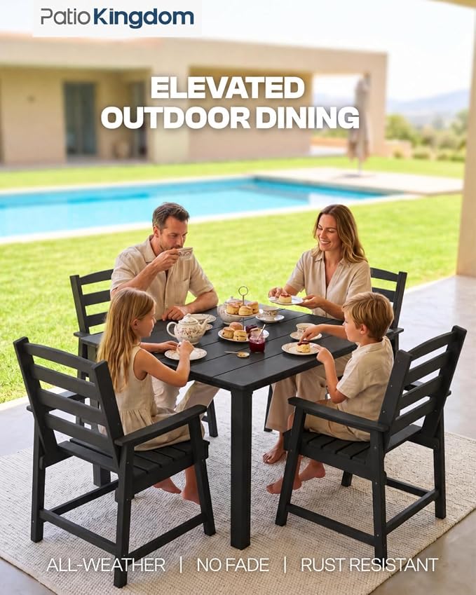 HDPE Outdoor Dining Set for 4 with 10FT Umbrella, Black | All-Weather HDPE, Wood Grain Finish, 42.5" Square Table, Built-In Umbrella Hole, Seats 4, Patio & Poolside Ready