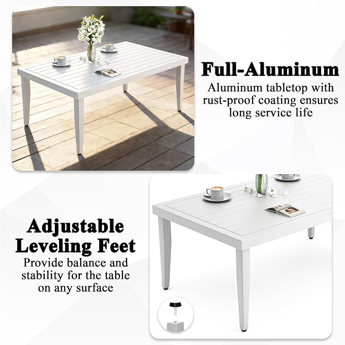 40" Aluminum Outdoor Patio Coffee Table, All-Weather Rust-Resistant Patio Coffee Table with Slatted Top, Modern Rectangular Outside Furniture for Garden, Deck, Balcony and Poolside, White