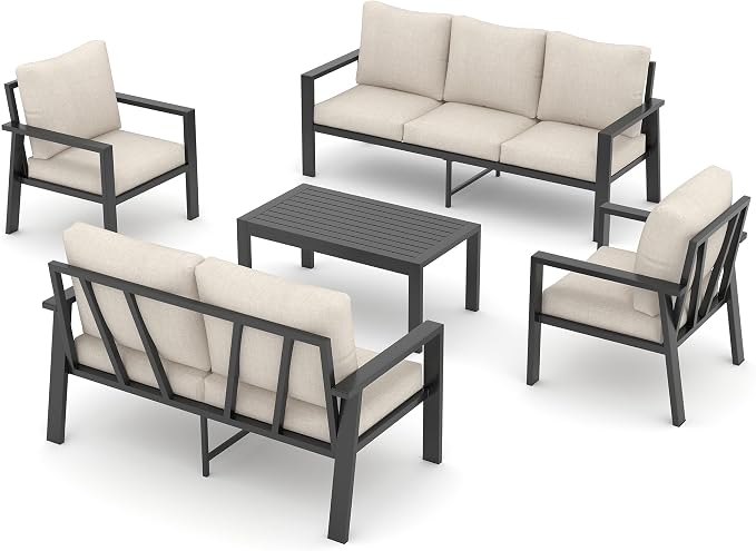 UDPATIO Aluminum Outdoor Patio Furniture Set 5 Pieces Metal Patio Conversation Sets Modern Sofa Seating Set with Coffee Table for Deck,Garden Backyard, Beige