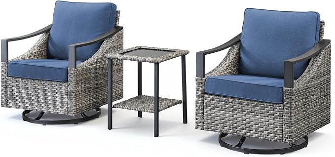 3 Pieces Wicker Patio Furniture Set-High Back Swivel Patio Chairs Set of 2 with Rattan Side Table, PE Wicker Outdoor Patio Furniture Sets with Covered Cushions for Porch Deck Garden Grey/Blue