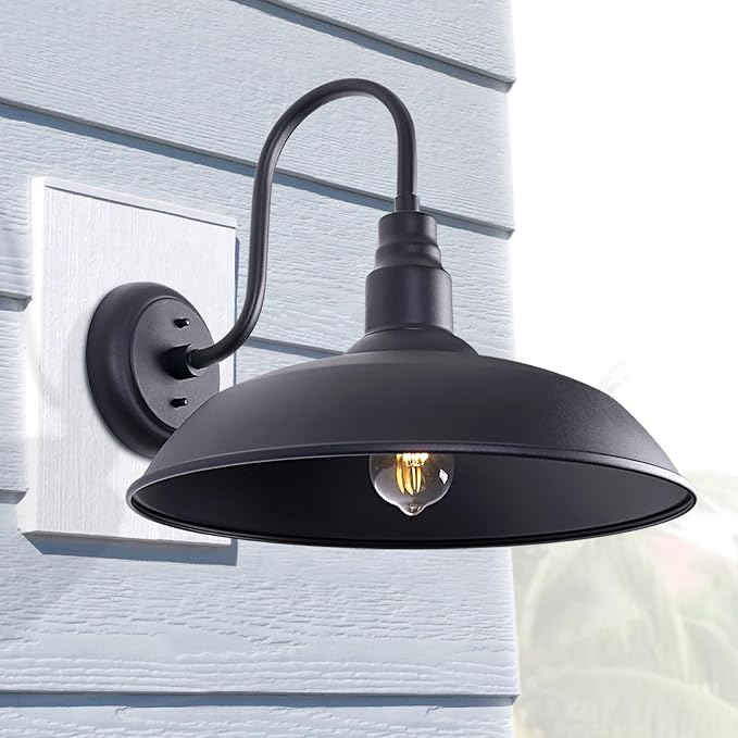 16 Inch Gooseneck Light Fixture for Barn Door, 2 Pack Large Barn Lights for Front Porch, Black Outdoor Farmhouse Light with Goose Neck Arm, Exterior Wall Dome Lighting for House Garage