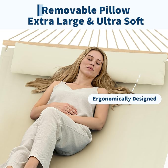 TrailBlaze Comfortable 2 Person Quilted Hammock with Hardwood Spreader Bars & Pillow – 450lbs Capacity – Ideal for Patio, Backyard, or Poolside – Double Outdoor Hammock – Beige