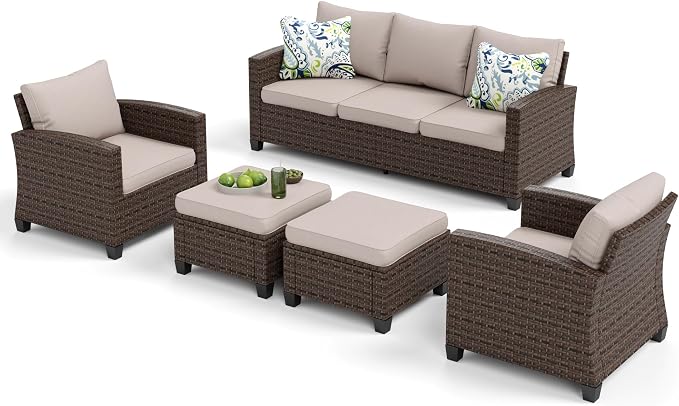 MIXPATIO Patio Furniture Set, 5 Pcs Wicker Rattan Outdoor Conversation Set, 2 x Leg Chairs, 1 x 3 Seater Sofa and 2 x Ottoman with 4" Thick Cushion, Beige