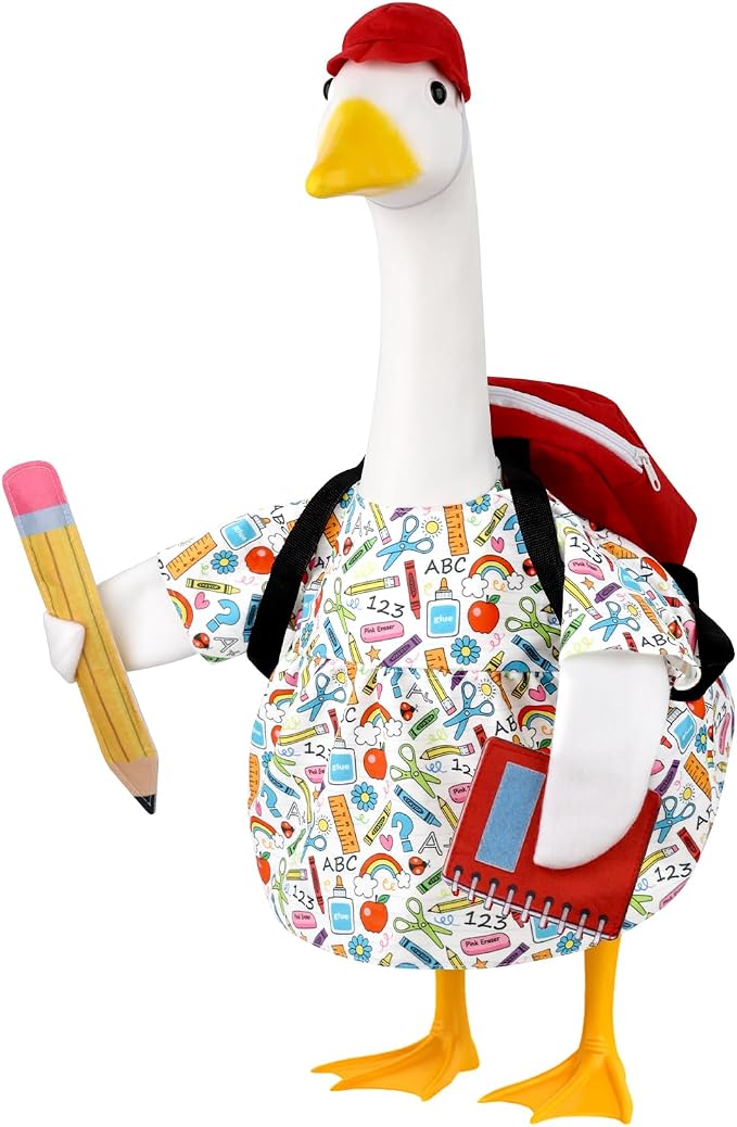 Back to School Porch Goose Outfits Goose Costume for School Outdoor Decor | Fits 23'' Plastic/Cement Statues, with School Bag, Pencil, and Notebook, for Classroom Garden Yard Patio Decoration