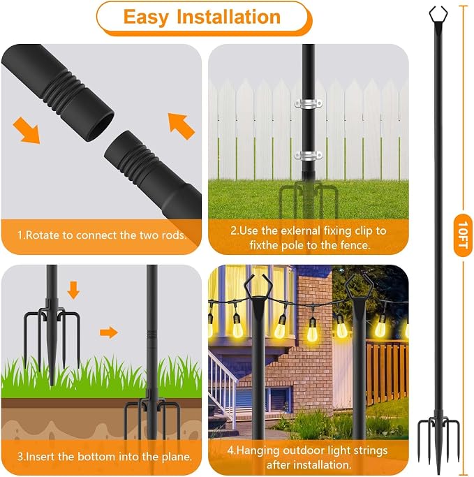 LETIANPAI 4 Pack String Light Poles,10 Ft Light Poles for Outside String Lights,Outdoor Lights Pole with Fork,Metal Poles Stand for Patio Deck Backyard
