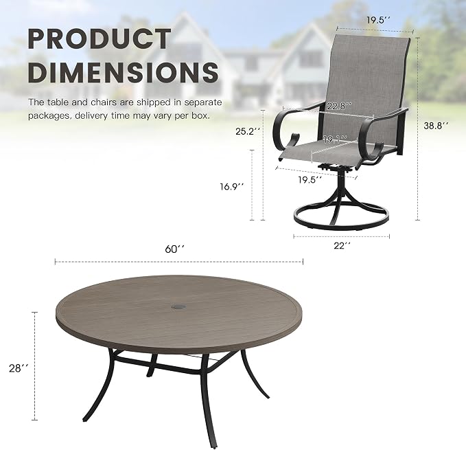 9 Pieces Patio Dining Set, 8 Outdoor Swivel Dining Chairs with 60" Round Metal Outdoor Dining Table with Umbrella Hole for Garden Backyard Deck, Grey