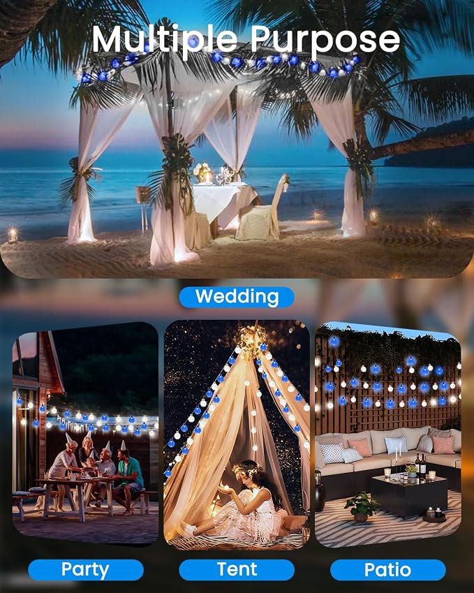 Solar String Lights Outdoor Waterproof 2 Pack 100 LED 64FT Patio Lights | Blue and White Crystal Globe, 8 Lighting Modes, Auto On/Off, Solar Powered Light for Outside Yard Wedding Party Decorations