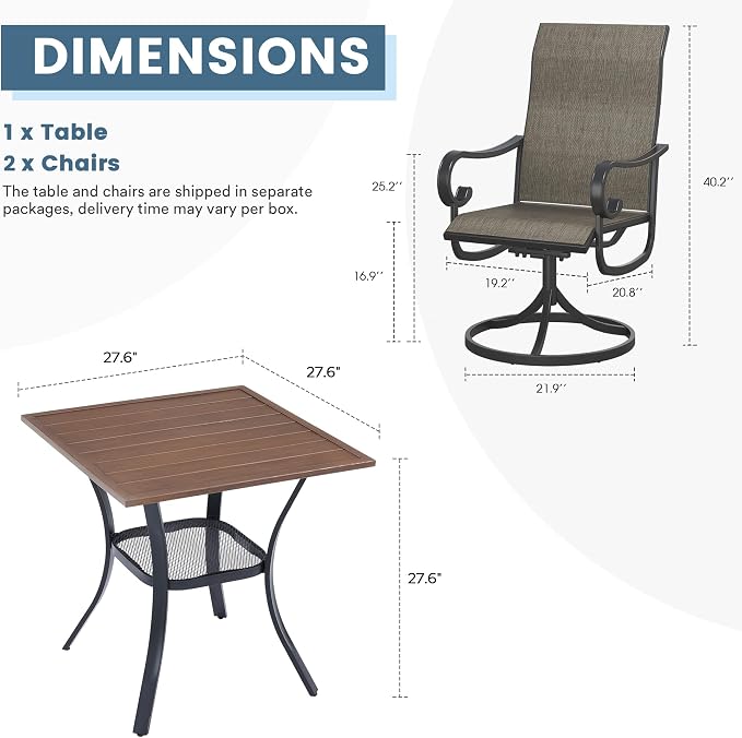 DIFY 3 Pieces Outdoor Patio Dining Set for 2, 27.6" Walnut Small Square Metal Dining Table and 2 Brown Swivel Patio Dining Chairs, Outdoor Table and Chairs for Backyard Porch Poolside