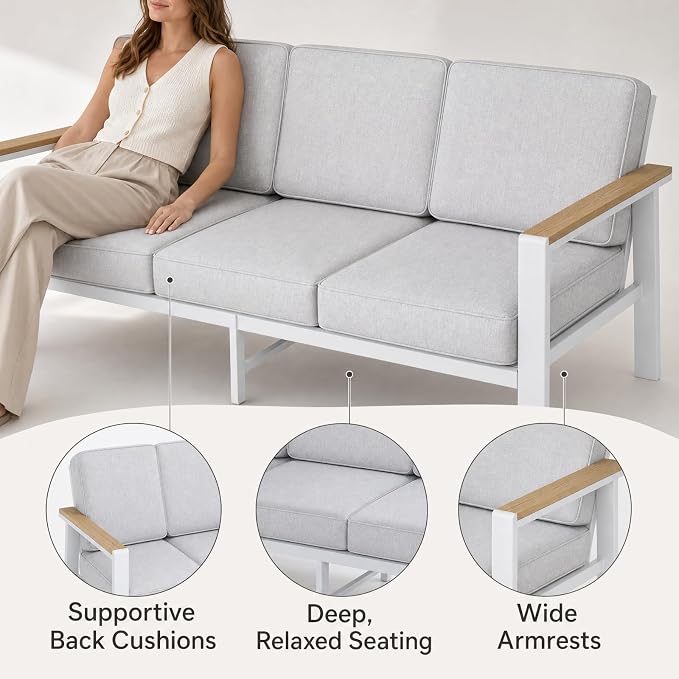 Modern All Weather Aluminum Patio Conversation Set,5 Pieces Oversized Metal Sectional Sofa Couch with Cushions and Coffee Table,Outdoor Furniture for Backyard,Porch,Garden, Balcony,Deck White