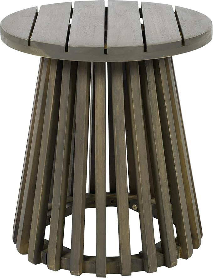 Merax Outdoor Acacia Wood Coffee Table 15.75" Round Patio Side Table for Backyard Lawn Balcony, Aesthetic Slat Base Design (Grey Finish)
