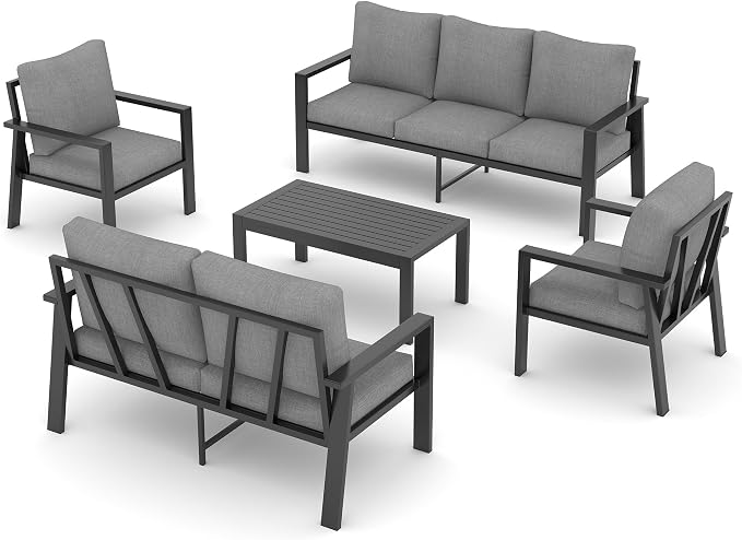 UDPATIO Aluminum Outdoor Patio Furniture Set 5 Pieces Metal Conversation Sets 7 Seat Sectional Sofa Modern Seating Set with Coffee Table for Outdoor Garden Backyard, Dark Grey