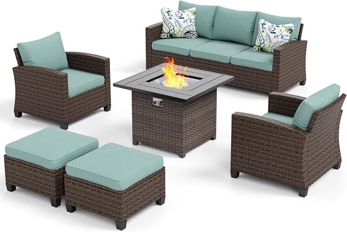 MIXPATIO Patio Furniture Set, 6 Pcs Wicker Rattan Outdoor Conversation Set, 2 x Leg Chairs, 1 x 3 Seater Sofa and 2 x Ottoman with 4" Thick Cushion and 32" Fire Pit Table, Blue