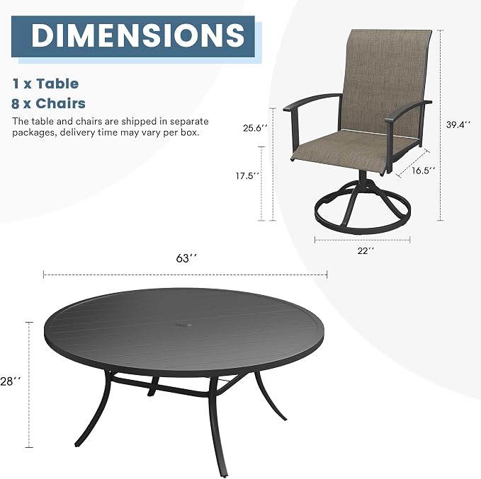 DIFY 9 Pieces Outdoor Dining Set for 8, 63" Black Round Metal Table with Umbrella Hole and Brown Textilene Swivel Patio Chairs, Patio Table and Chairs Set for Garden, Backyard, Poolside