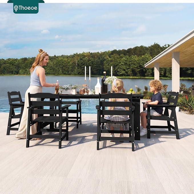 THOEOE 7 Piece Outdoor Dining Set, Patio Dining Table and 6 Chairs, All-Aluminum Frame, All-Weather HDPE Outdoor Furniture with Umbrella Hole for Garden, Lawn, Poolside, Black