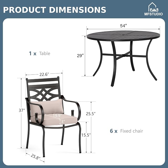MFSTUDIO 7-Piece Patio Dining Set, 54" Round Metal Table, Fixed Chairs | Umbrella Hole, All-Weather Use
