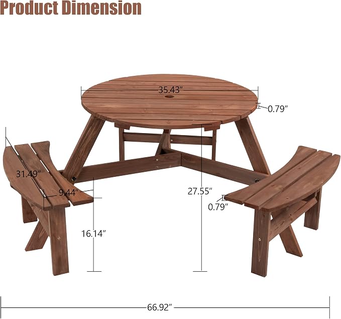 6 Person Round Wood Picnic Table, Outdoor Wooden Picnic Table with 3 Built-in Benches, Umbrella Hole, Circular Outside Table and Bench Set for Garden, Backyard, Porch, Patio, 1720lb Capacity - Brown